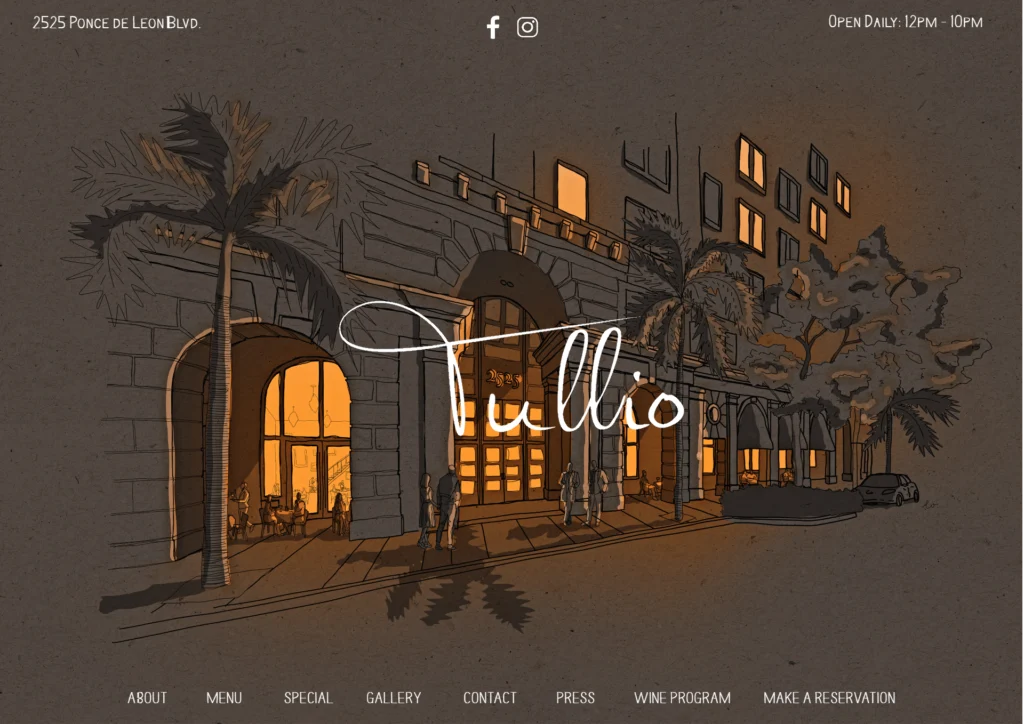 Tullio Miami High End Restaurant in Coral Gables Miami website illustration