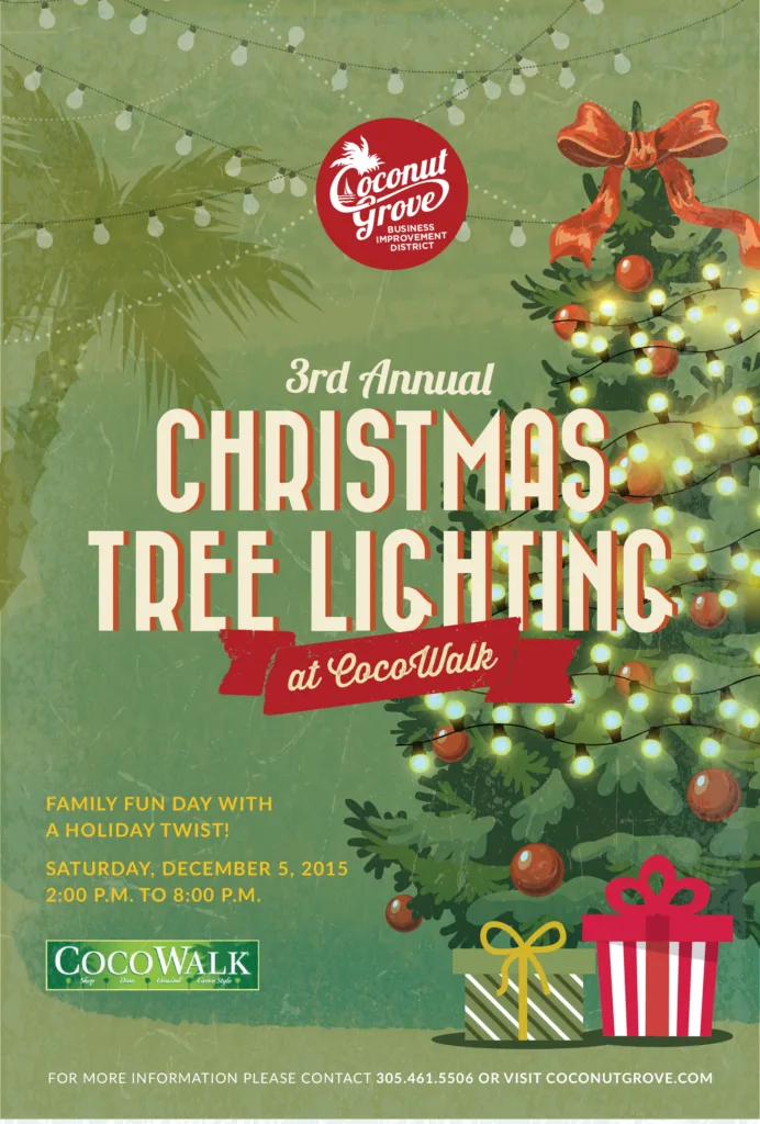 Flyer for the 3rd Annual Christmas Tree Lighting Ceremony at Cocowalk in Coconut Grove Miami