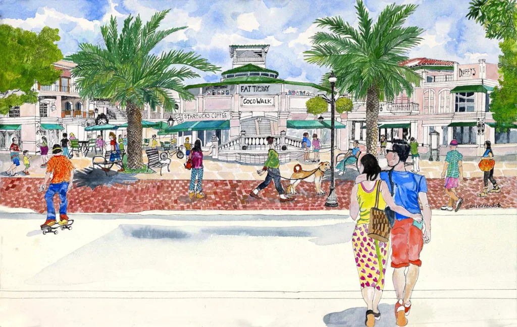 CocoWalk illustration for the Coconut Grove Business Improvement District city walking guide