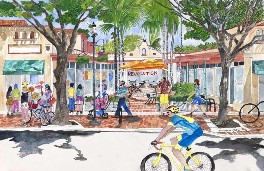 Illustration of the Florentine Plaza in Coconut Grove Miami for the Coconut Grove Business Improvement District city walking guide