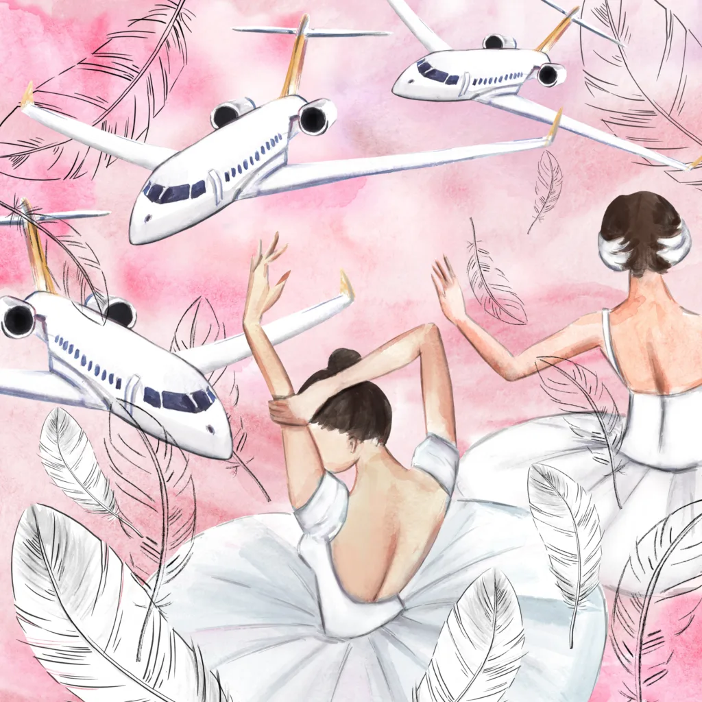 An illustration of ballerinas amidst airplanes